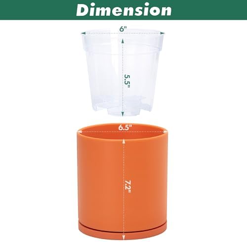 D'vine Dev Double-Layer Self-Draining Planter Set – Rotating Plastic Outer Pot with Clear Inner Liner for Root Health, Perfect for Indoor Plants, 6.5", Set of 2, Pumpkin, 73-V-E-2
