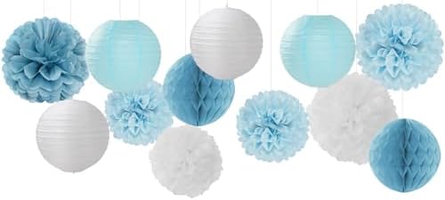 Dusty-Blue White Party-Decorations Paper-Flowers Lanterns - 15pcs Birthday Baby Bridal Shower Tissue Pom Poms Streamers Honeycomb, Boy Men Wedding Bachelorette Hanging Supplies Decor Hugfond