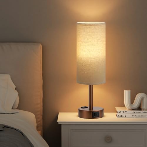 Fenmzee Brown Bedside Lamp for Bedroom, Dimmable Touch, USB A+C, AC Outlet