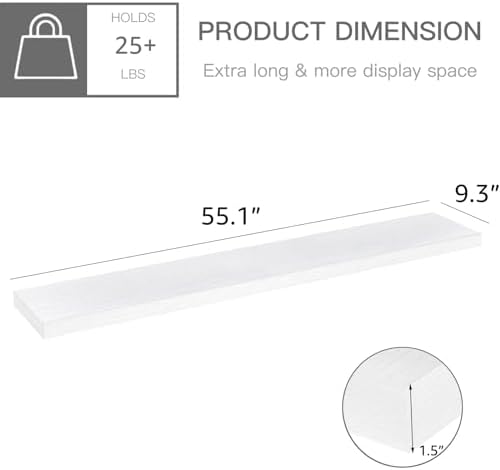 QEEIG Extra Long Floating Shelves for Wall (White, Set of 2, 55.1")