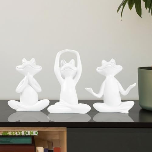 Suoedd White Frog Yoga Figurines 3 Pcs,Modern Decor for Shelf,Desk,Office