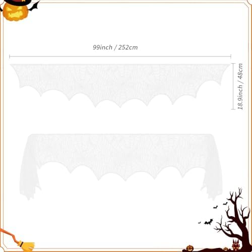 Halloween Decorations White Lace Spiderweb Fireplace Mantle Scarf Cover(19x99 Inch) Indoor Outdoor Spider Web Netting Spooky Haunted House Home Room Bedroom Table Wall Decor Party Favors Supplies
