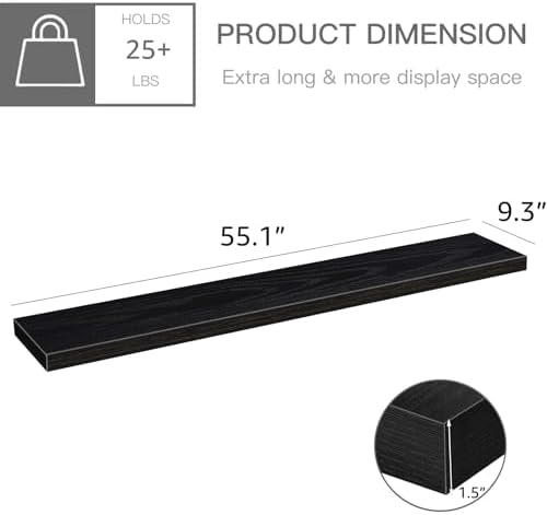 QEEIG Extra Long Floating Shelves for Wall (Black, Set of 2, 55.1")