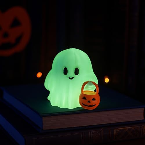 Halloween Decor Fluorescence Ghost Figurines Carrying Pumpkins – Mini Cute 3D Printing Spooky Table Statue Halloween Festive Decoration for Holiday Bookshelf Terrace Bedroom Indoor Home Tabletop Gifts