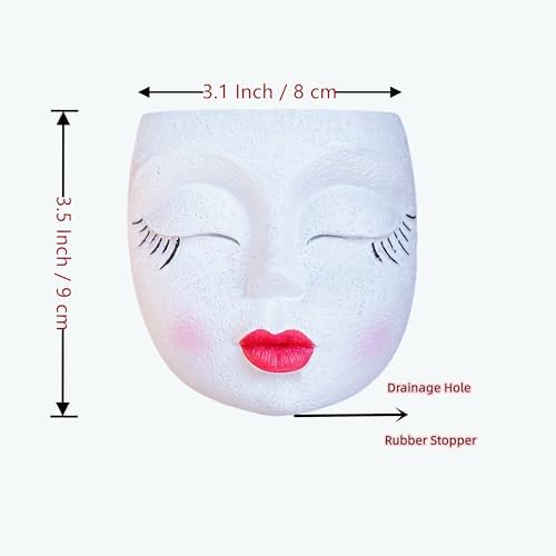 Face Planter Pot,Small Cute Resin Flower Head Planter with Red Lip,White,1P