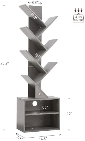 SUNMORY 6 Tier Tree Bookshelf, Tall Small Bookcase with Storage Cabinet