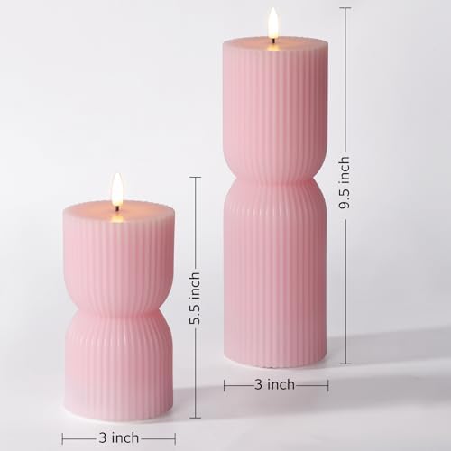 Pink Ribbed Flameless Pillar Candles with Remote Set of 2