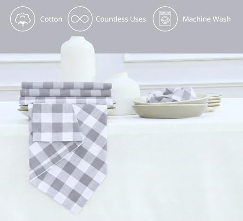 PurpleEssences Plaid Napkins 18x18 Buffalo Plaid - Gray & White