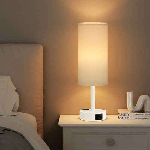 Fenmzee White Bedside Lamp for Bedroom, Dimmable Touch, USB A+C, AC Outlet