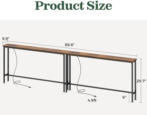 SUPERJARE 86.6 inch Narrow Behind Couch Table with Charging Stations