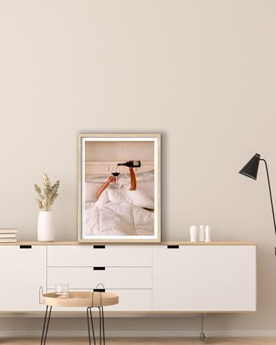 EcoHest 12x16 in Woman Drinking Wine in Bed Framed Wall Art for Bedroom