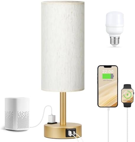 Fenmzee Gold Bedside Lamp for Bedroom, Dimmable Touch, USB A+C, AC Outlet