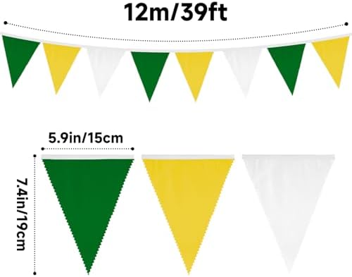 jijAcraft 39Ft Yellow Green White Banner, Golf Party Decor Triangle Flag, Tea Party Fabric Bunting Garland, Partys Decor Pennant Hanging Banner for Spring Summer, Birthday, Wedding