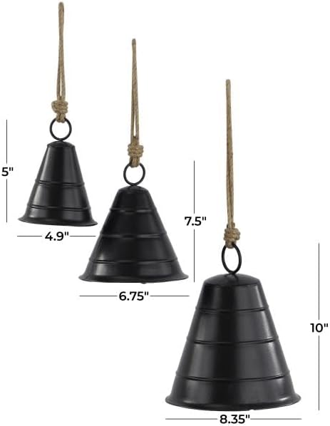 Deco 79 Black Metal Tibetan Inspired Decorative Cow Bells with Jute Hanging Rope, Set of 3 10", 8", 5"H - Wide Cone