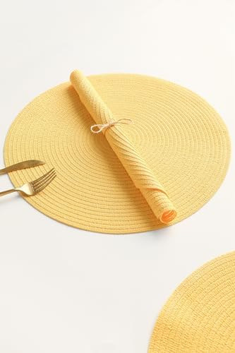 Floroom 15 Inch Round Braided Placemats Set of 4, Washable Heat Resistant Cotton Polyester Circle Place Mats for Kitchen Dining Table - Yellow