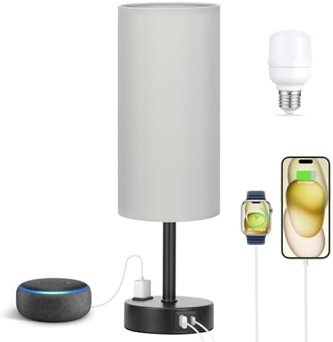 Fenmzee Grey Bedside Lamp for Bedroom, Dimmable Touch, USB A+C, AC Outlet