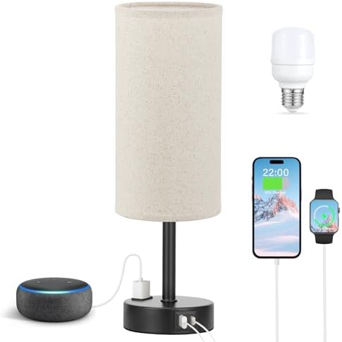 Fenmzee Beige Bedside Lamp for Bedroom, Dimmable Touch, USB A+C, AC Outlet