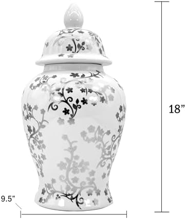 Galt International Silver & White Floral Blossom Ceramic Ginger Jar 18" w/Lid - Temple Jar Home & Kitchen Decor for