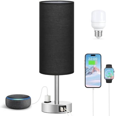 Fenmzee Black Bedside Lamp for Bedroom, Dimmable Touch, USB A+C, AC Outlet