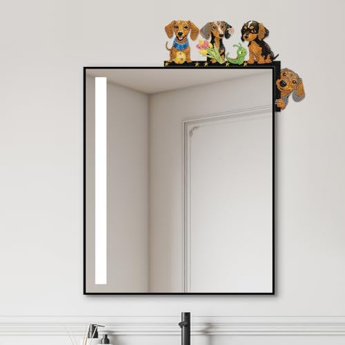 DIY Flower Dogs Dachshund Diamond Art Painting Door Corner Decor, Right Wooden Frame Door Topper Signs with Animal Designs for Holiday Home, Festive Wall Hanging Gift for Family