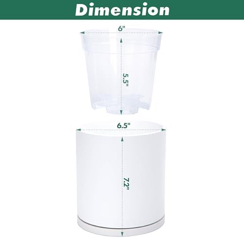 D'vine Dev Double-Layer Self-Draining Planter Set – Rotating Plastic Outer Pot with Clear Inner Liner for Root Health, Perfect for Indoor Plants, 6.5", Set of 2, White, 73-V-A-2