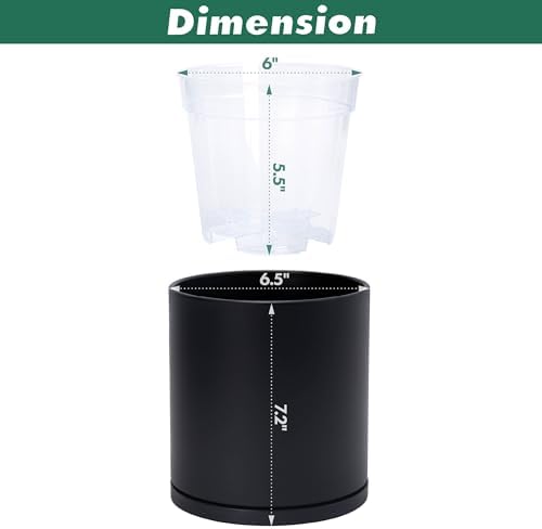 D'vine Dev Double-Layer Self-Draining Planter Set – Rotating Plastic Outer Pot with Clear Inner Liner for Root Health, Perfect for Indoor Plants, 6.5", Set of 2, Black, 73-V-B-2