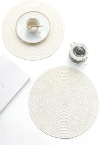 Floroom 15 Inch Round Braided Placemats Set of 4, Washable Heat Resistant Cotton Polyester Circle Place Mats for Kitchen Dining Table - Ivory Cream