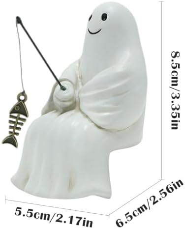 Fishing Ghost Statue Funny Halloween Decorations, 3.35 Inch Cute Sitting Ghost Figurine Shelf Sitter Resin Sculpture for Outdoor Garden Yard Lawn Pond Waterfalls Pool Ornaments