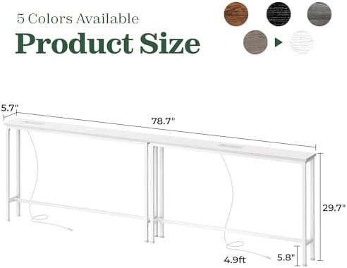 SUPERJARE 78.8 inch Narrow Behind Couch Table with 2 Charging Stations
