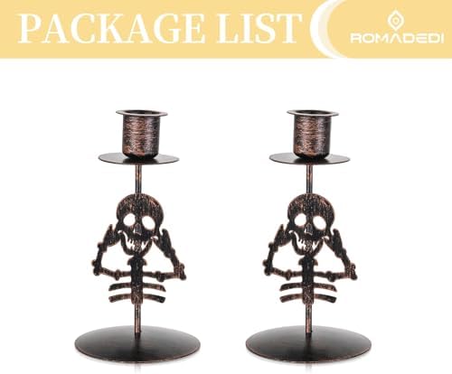 Romadedi Candle Holder for Halloween Decor: Set of 2 Black Gothic Skull Taper Candlestick Table Centerpiece Decorations Spooky Party Dinning Room Home Indoor