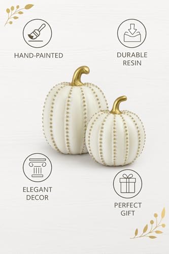 iStatue Set of 2 Decorative Pumpkins – Elegant Beaded Resin Fall Decorations, Thanksgiving Table Centerpiece, Autumn Home Decor, Glam Farmhouse Style (White)