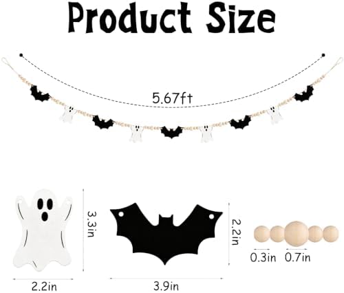 Halloween Decor Pre-Assembled Wooden Ghosts Bats Beads Garland 5.7FT