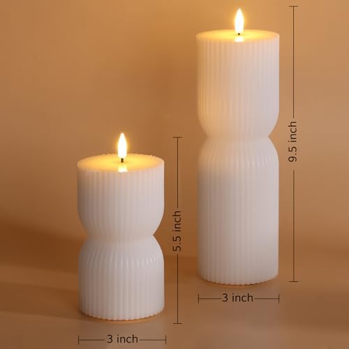 White Ribbed Flameless Pillar Candles with Remote Set of 2