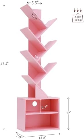 SUNMORY 6 Tier Tree Bookshelf, Tall Small Bookcase with Storage Cabinet