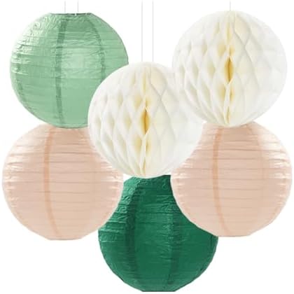Sage-Green Pink-Beige Boho Party-Decorations Streamers - 14pcs Rustic Neutral Wedding Olive Paper Honeycomb Lanterns Fan,Birthday Baby Bridal Shower Engagement Decor Lasting Surprise