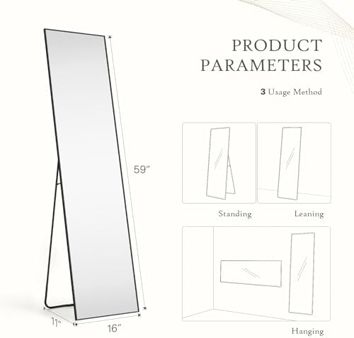Full Length Floor Mirror, 16"x59" Body Wall Mirror with Stand