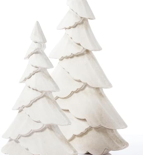 RM ROOMERS Wooden Christmas Tree Figurine Set of 2, White Tree Figurines