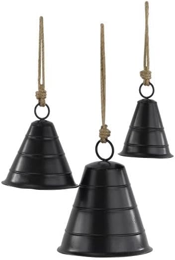Deco 79 Black Metal Tibetan Inspired Decorative Cow Bells with Jute Hanging Rope, Set of 3 10", 8", 5"H - Wide Cone