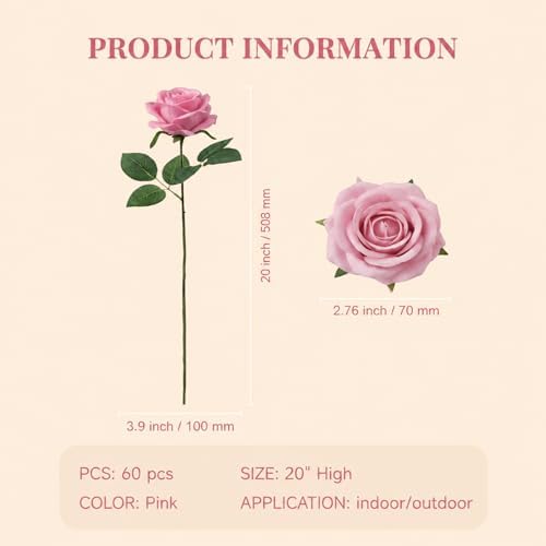 60 Pcs Pink Velvet Artificial Roses Flowers Real Looking Silk Faux Roses Bulk Long Stems for Wedding Centerpieces,DIY Floral Arrangements,Home Decor,Anniversary,Valentine's Day