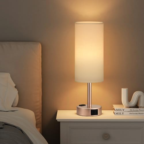Antique White Bedside Table Lamp, Dimmable Touch Lamp, USB A+C, AC Outlet
