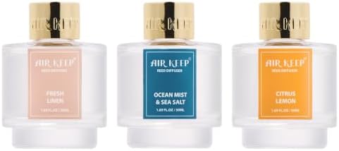 Airkeep Reed Diffuser Set of 3,Fresh Linen Ocean Mist&Sea Salt Citrus Lemon Oil Reed Diffusers for Bedroom Living Room
