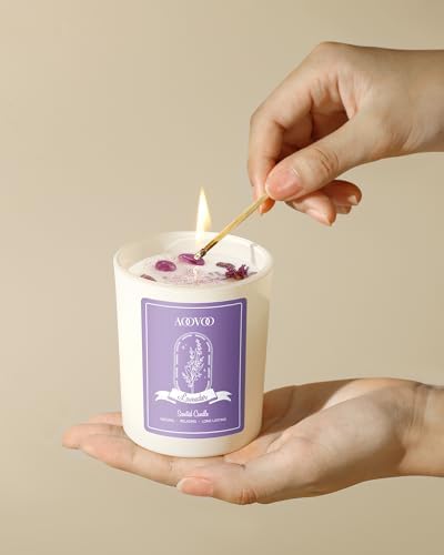 AOOVOO Lavender Scented Candles for Women - Aromatherapy Candle with Crystals Inside, 7oz Soy Candles for Home Scented