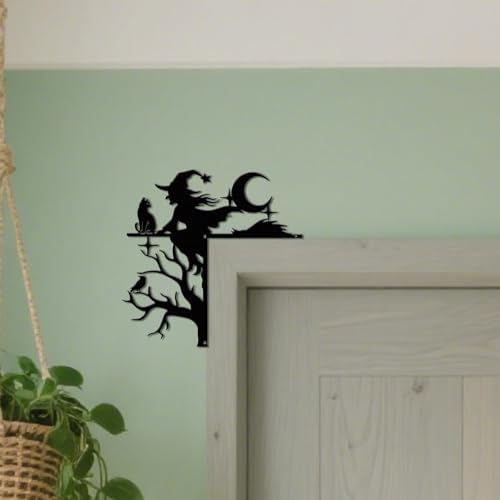 CUTHOLLOW Moon Witch and Raven Door Topper Sign Metal Wall Art Decor