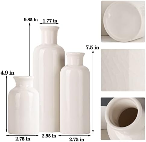 White Ceramic Vase Set - 3 White Small Vases, Farmhouse Country Flower Vase Home Decor, Living Room Decoration, Table