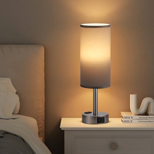 Fenmzee Grey Bedside Lamp for Bedroom, Dimmable Touch, USB A+C, AC Outlet