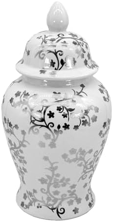 Galt International Silver & White Floral Blossom Ceramic Ginger Jar 18" w/Lid - Temple Jar Home & Kitchen Decor for