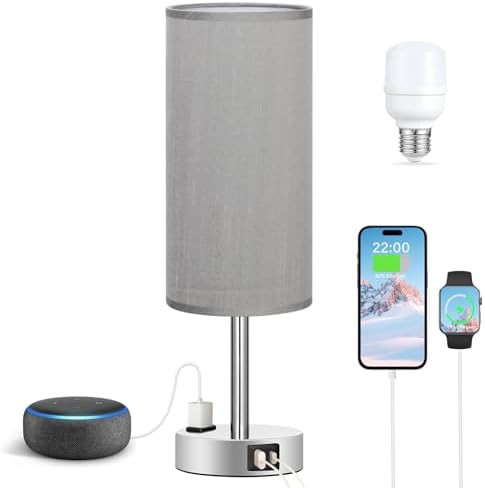 Fenmzee Grey Bedside Lamp for Bedroom, Dimmable Touch, USB A+C, AC Outlet