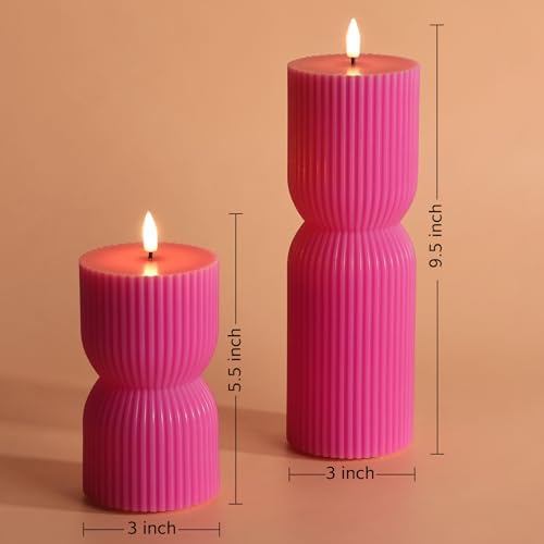 Hot Pink Ribbed Flameless Pillar Candles with Remote Set of 2