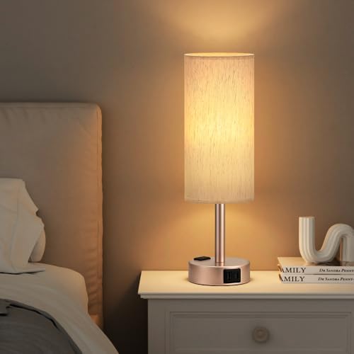 Antique White Bedside Table Lamp, Dimmable Touch Lamp, USB A+C, AC Outlet