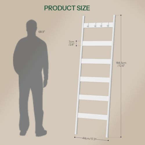 HOOBRO Blanket Ladder, 6-Tier Towel Rack with Hooks, Wall-Leaning Blanket Rack, Decorative Display Ladder Shelf, for